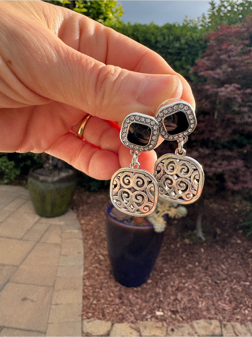 Brighton Silver-Tone Filigree Drop Earrings with Black Accents - Picture 4 of 5